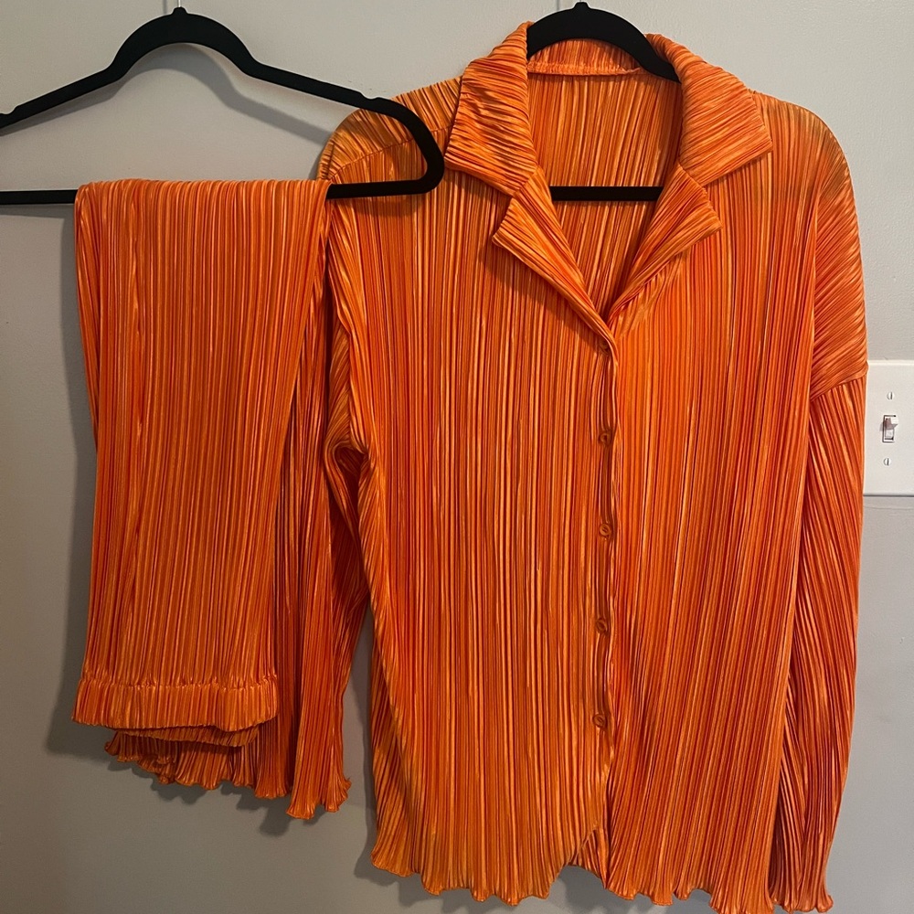 Zaful Orange Wide Leg Pleated Pants & Matching Button-Up Top
